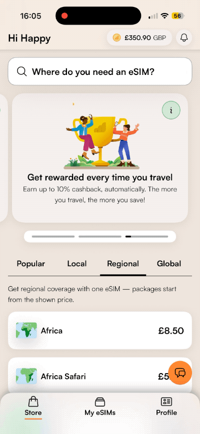 Animated Store home screen with search, a rewards hero card and regional packages