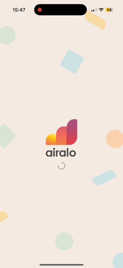 Animated Airalo splash screen with the logo and soft geometric confetti shapes