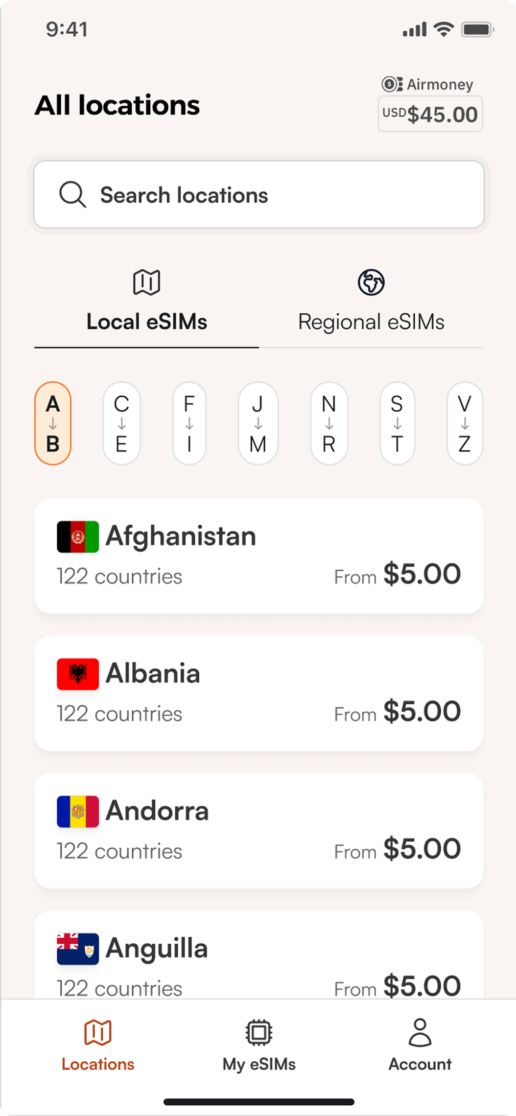 Early app concept of All locations, with local and regional tabs and an A to Z index