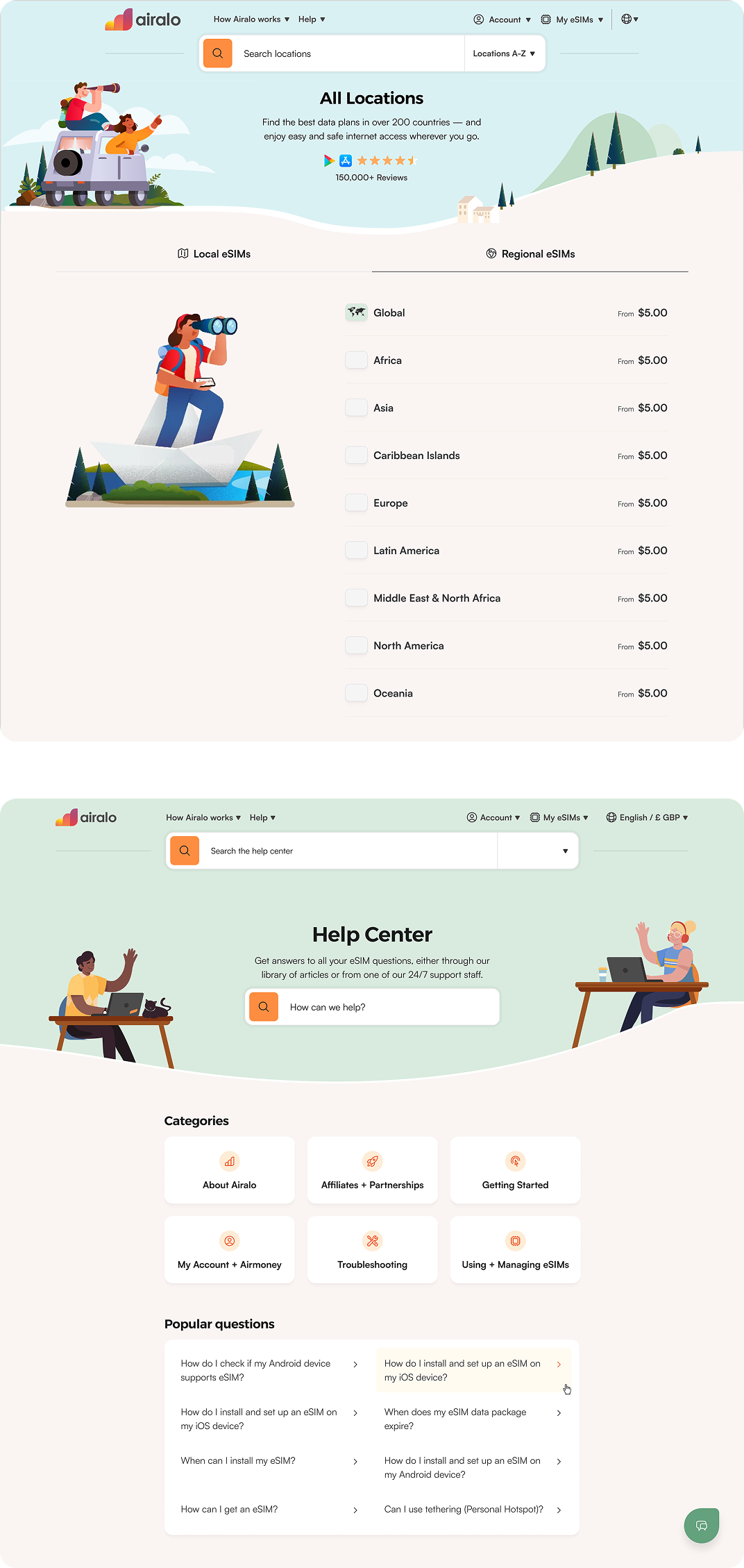 Early web concepts of the All Locations page and the Help Centre