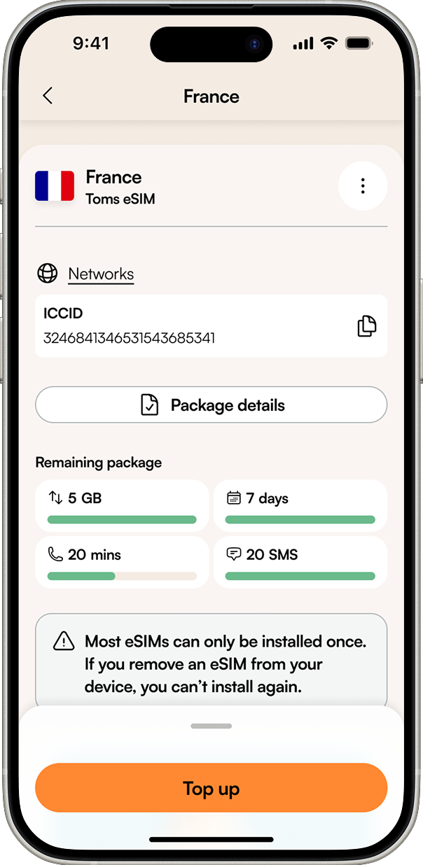 eSIM detail screen showing remaining data, days, minutes and texts, a warning that most eSIMs can only be installed once, and a Top up button