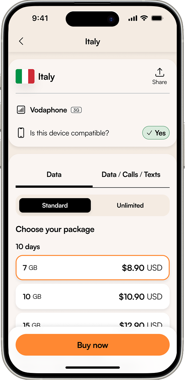 iOS Italy package page showing Vodafone, a device compatibility check marked Yes, and package options