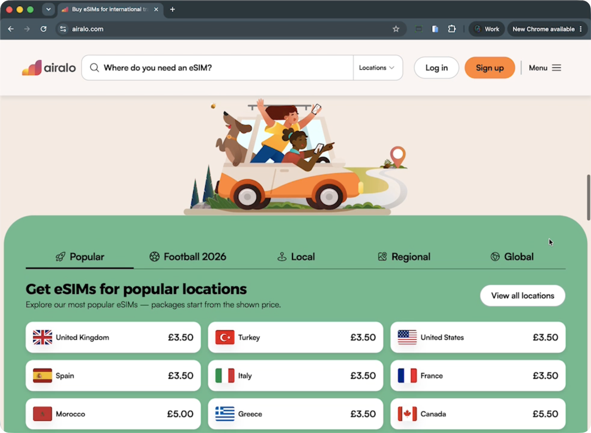 Store page showing popular locations with prices, under tabs for Popular, Local, Regional and Global